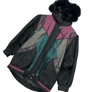 Fleet Street Men's Vintage Colorblock Hooded Winter Jacket Faux Fur Trim Size L